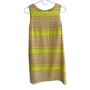Amanda Uprichard 100% Silk Neon Yellow and Tan Striped Mini Shift Dress Size S